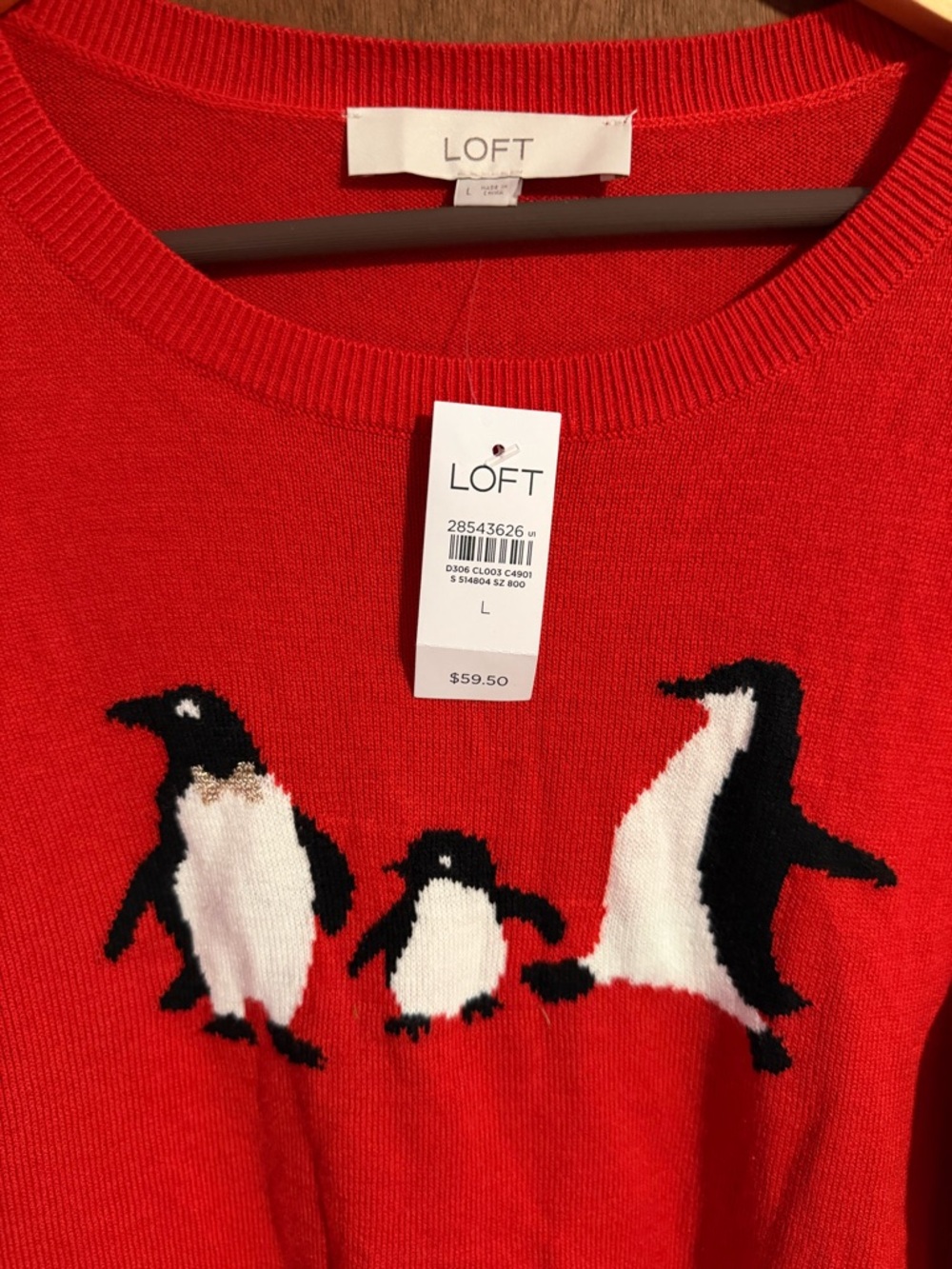 NEW Loft Red Penguin Graphic Crewneck Sweater Size Large - Picture 7 of 7